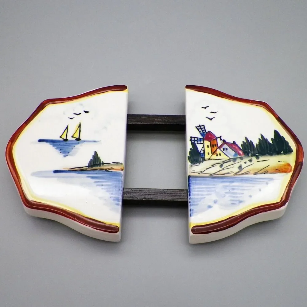Vintage Fred Roberts Expandable Ceramic Trivet Windmill Sailboats Holland Scene